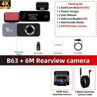 ACCEO B63 4K 블랙박스 내장 와이파이 비디오 시야 1080P 차량 후방 카메라 차량용 DVR GPS 지원 듀얼 24시간 주차 감지, B63 6M RC, 32GB