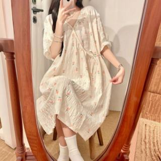 러블리 플라워 패턴 요루 여성 홈웨어 잠옷 랩원피스