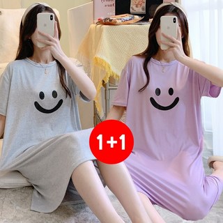 마쿠쿠 1+1 세트 스마일 면 혼방 여성 잠옷 홈웨어 원피스 반팔 롱 티셔츠