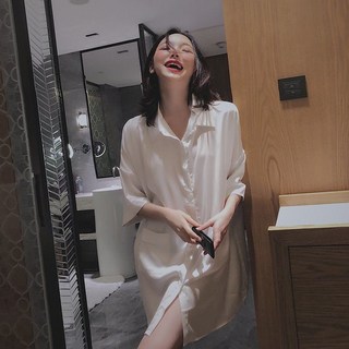 여성 셔츠 잠옷 여름 캐주얼 반팔 미디 홈웨어 패션 기질 쉬폰 얇은 잠옷 원피스WMY