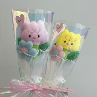 귀여운 인형꽃다발 튤립인형 꽃 한송이 꽃선물 인형꽃선물, 1세트, 핑크+옐로우
