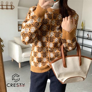 크레스티 여성 소프트 슬림핏 라운드넥 가디건 가을 겨울 데일리 플라워 니트
