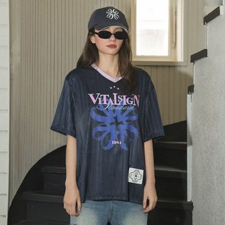 [LINE] 글로시 스트라이프 로고 티셔츠 (Navy)