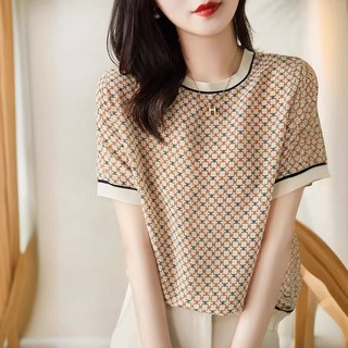 POMTOR 여성 프린트 무늬 시원한 라운드넥 반팔 티 셔츠 패션