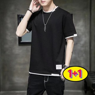 AOKADA 1+1 남성 반팔 티셔츠 레이어드 순면 라운드넥 반팔티 기본티 드롭핏 루즈핏 면티 남자 기본티