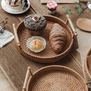 우드손잡이 라탄 원형트레이 세트 접시 쟁반 쏠리또, 4.천연라탄원형트레이 세트(S+M+L), 1개