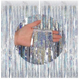 2피스 91.4 x 2.5m(3 x 8피트) 반짝이는 메탈릭 틴셀 포일 프린지 커튼 포토 부스 소품 약혼 브라이덜 샤워 처녀 베이비 샤워 처녀 휴일 축하 파티 장식, 실버