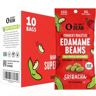 The Only Bean 과자 칩 더 원 빈 크런치 드라이 로스트 에다마메 스낵 바다 소금 케토 푸드 고단백11g 건강 간식 저탄수화물 글루텐 프리 오피스 비건 100칼로리 팩, #2 스리라차, 0.9 온스 (10개 묶음), 11g, 1개