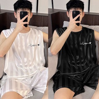 1+1 남성 여름 반팔 파자마 세트 캐주얼 민소매 나시 상의 + 슬랙스 반바지 이지웨어 잠옷 루즈핏 얇은 냉장고 아이스 훔웨어 상하 투피스 CY