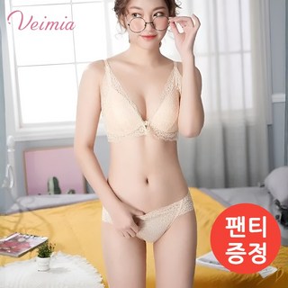 Veimia 노와이어 브라 팬티 세트 레이스 볼륨 앞후크 브라 팬티 세트