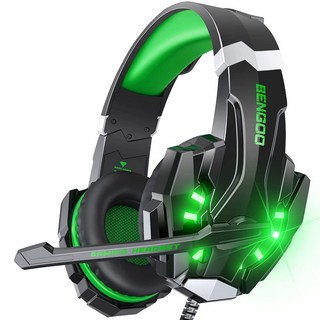 PS4 PC Xbox One PS5 컨트롤러용 BENGOO G9000 스테레오 게이밍 헤드셋 마이크 장착 시 이어 헤드폰을 통한 노이즈 캔슬링 LED 라이트 7.1 서라운드, Green