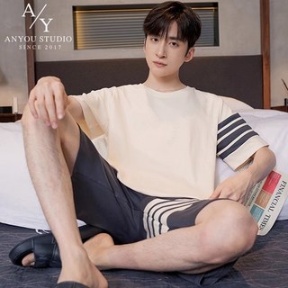 ANYOU 순면 남자잠옷 세트 반팔 여름 파자마 수면잠옷 라운지웨어 빅사이즈