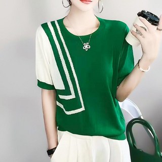 ROYALBELLE 여성 언발란스 배색 라운드넥 티셔츠 루즈핏 레이온 반팔 니트 티셔츠 J062311