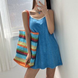 (캡 내장 당일출고) 비치 보들 배색 스퀘어넥 테리 타올 미니원피스 4color 비치웨어 커버업
