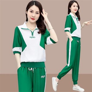 besteffie 투피스 중년여성 여름 캐주얼 반집업 반팔 맨투맨 긴바지 팬츠 밴딩 팬츠 반팔 상하의 세트 E88