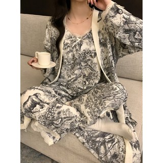 내추럴 무드 3pcs 여성 잠옷 상하세트 가운 긴바지 파자마 3피스 잠옷 가운