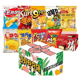 과자탐험대 리본박스 10종 종합 과자 세트) 오리온 + 포카칩 + 썬칩 + 오감자 + 꼬북칩 + 허니버터칩 + 콘칩 + 죠리퐁 + 카라멜콘땅콩 + 못말리는신짱 + 초코파이, 1세트, 10종 리본상자 과자세트