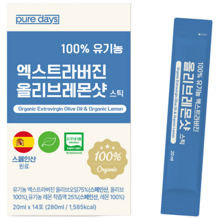 퓨어데이즈 100% 유기농 올레샷 올리브레몬샷 엑스트라버진 올리브오일 레몬즙 스틱, 14개, 20ml
