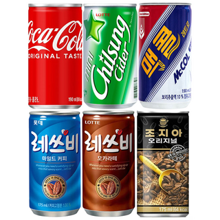 마셔몰 (탄산+커피 미니캔 혼합세트 6가지맛 각10캔씩 총60캔) (코카콜라+칠성사이다+맥콜)+(레쓰비마일드+레쓰비모카+조지아오리지널), 175ml, 60개