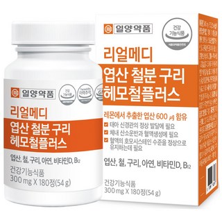 일양약품 리얼메디 엽산 철분 구리 헤모철 플러스 철분제 아연 엽산제 비타민 D B12 영양제, 180정, 1개