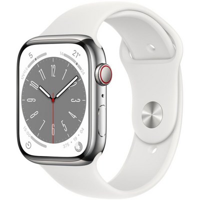 Apple 애플워치 8, 45mm, GPS+Cellular, 스테인리스, 실버 / 화이트 스포츠밴드