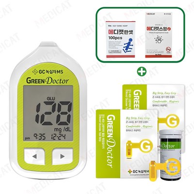 녹십자엠에스 그린닥터 혈당측정기+시험지100매+멸균침110개+솜100매(메디캣 스왑) 혈당측정기 세트[메디캣 출고], 1세트_혈당측정기로 건강을 지켜보세요