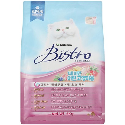 뉴트리나 비스트로 키튼 고양이 기능성 사료, 헤어볼 예방, 2kg, 1개