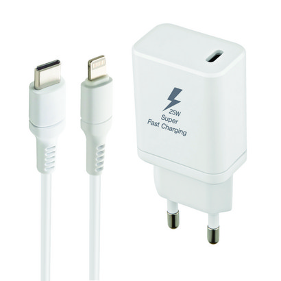 지파워 25W 초고속충전기 PD 3.0 PPS 아이폰 아이패드 고속 충전기 C TO 8 케이블 포함, 1개, 화이트