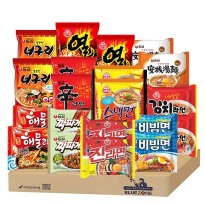 블루존 인기봉지라면 낱개 10종 20봉입 A세트 (신라면2+진라면 매운2+김치면2+너구리2+해물2+팔도비빔면2+열라면2+안성탕면2+짜파게티2+스낵2), 1세트
