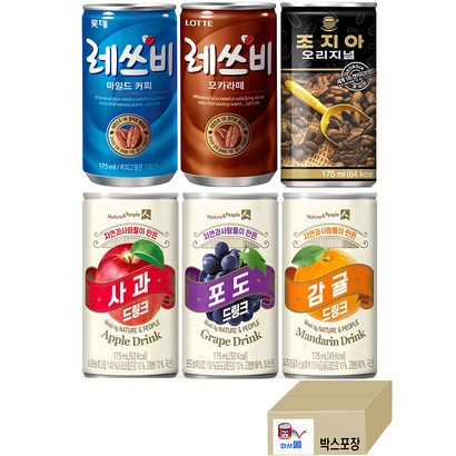(캔커피+주스 미니캔 혼합세트 6가지맛 각10캔씩 총60캔) (레쓰비마일드+레쓰비모카+조지아오리지널)+(제주감귤+사과+포도), 175ml, 1세트