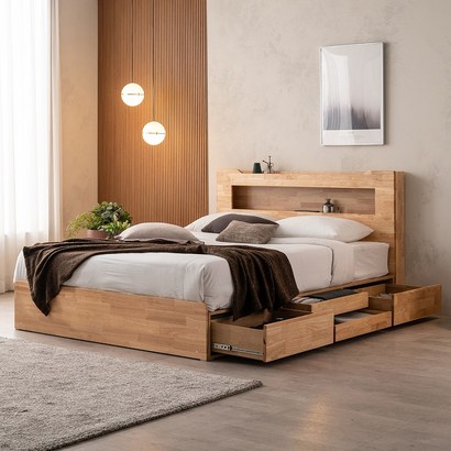 동서가구 이즈 테디 LED 원목 4단 수납침대 슈퍼싱글 퀸, 내추럴