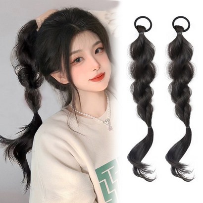 하이유니 버블 땋은 벼머리 트윈테일 가발 45cm, 네츄럴블랙 / 2피스 - 1세트, 1세트