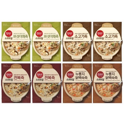 CJ 비비고 죽 용기 A세트 280g x 8개(소고기죽 전복죽 누룽지닭백숙죽 버섯야채죽 각 2개씩), 1세트