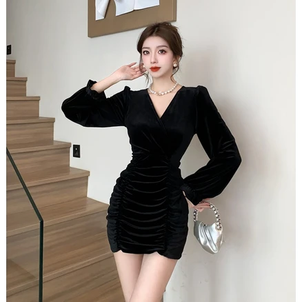 엔에스레이블 브이넥 셔링 벨벳 퍼프 긴팔 드레스 섹시 원피스 NSLEVEL