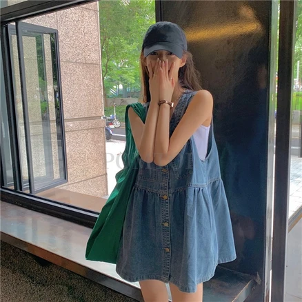 POMTOR 여성 키작녀원피스 민소매 조끼 데님원피스