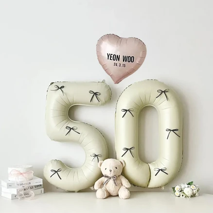 연지마켓 50일 셀프 촬영 하트 숫자 풍선 세트 (이름 레터링 포함), 1세트, 크림 블랙리본