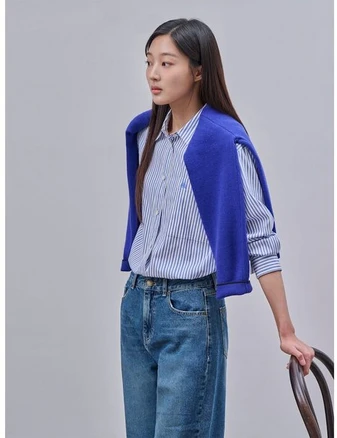 빈폴레이디스 면 혼방 스트라이프 오버핏 셔츠 블루 BF4864C06P207992