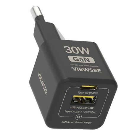 뷰씨 초소형 30W 멀티 2포트 USB C타입 PD 3.0 PPS GaN 초고속 충전기, 블랙, 1개-추천-상품