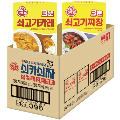 오뚜기 쇠카쇠짜 3분 실쏙팩 3분 쇠고기카레 200g x 6p + 3분 쇠고기짜장 200g x 6p 세트, 2.4kg, 1세트-추천-상품