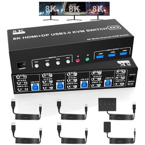 8K60Hz 2 디스플레이 포트 HDMI USB3.0 KVM 스위치 3 모니터 컴퓨터 4대 DP 1.4 2.1 트리플 스위치오디오 마이크 포함 키보드 마우스 전환기, 2 DP +HDMI KVM Switch 3Monitor-추천-상품