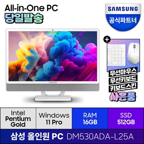 삼성전자 올인원 일체형 PC 프로스트 화이트 DM530ADA-L25A (펜티엄골드 7505 60.5cm WIN11 Pro) 기업용 사무용 학습용, RAM 16GB + SSD 512GB-추천-상품