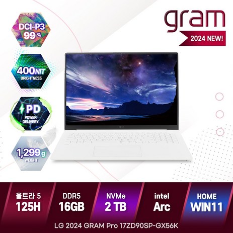 LG전자 2024년형 그램 17 프로 17ZD90SP-GX56K 깔끔한 가벼운 노트북, GX56K, WIN11 Home, 16GB, 2TB, 에센스 화이트-추천-상품