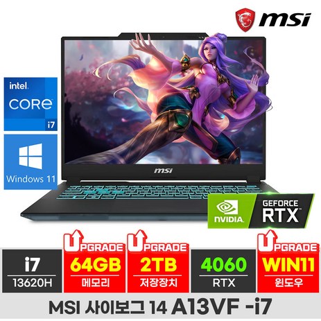 MSI 2024 사이보그 14 코어i7 인텔 13세대 지포스 RTX 4060, 블랙, 2TB, 64GB, WIN11 Pro, 사이보그 14 A13VF-추천-상품