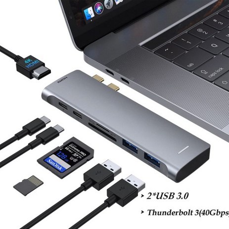 맥북 USB C 허브 어댑터 프로 에어 M1 M2 2019 13 인치 14 15 16 6 인 2 멀티포트, 7in2 usb c hub, 1개-추천-상품