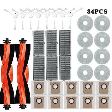 호환 샤오미 Mijia M30S D103CN 로봇 진공 예비 부품 소모품 메인 사이드 브러시 헤파 필터 천 먼지 봉투, 14 34PCS, 1세트-추천-상품