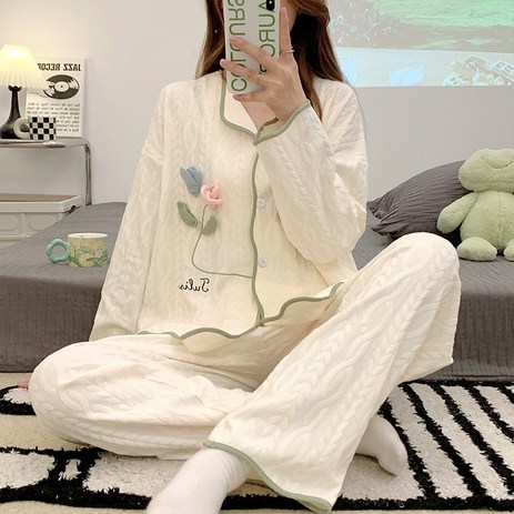 ANYOU 여성 심플 루즈핏 잠옷 순면 편한 파자마 사계절 홈웨어-추천-상품