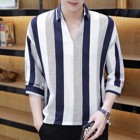 치유쿠 남성 여름 셔츠 아이스 반팔 티셔츠 v넥 프린트 와이드 셔츠 7부 소매-추천-상품