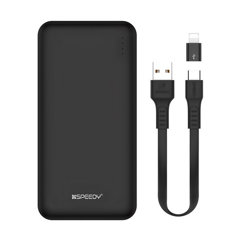 보조배터리 - 스피디 슬림 듀얼 보조배터리 10000mAh + C타입 케이블 + 8핀 젠더 세트, BND-2PCPPB100A, 블랙