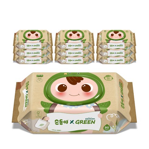 순둥이그린에디션 - 순둥이 그린 에디션 유아물티슈 캡형 55평량, 80매, 10팩