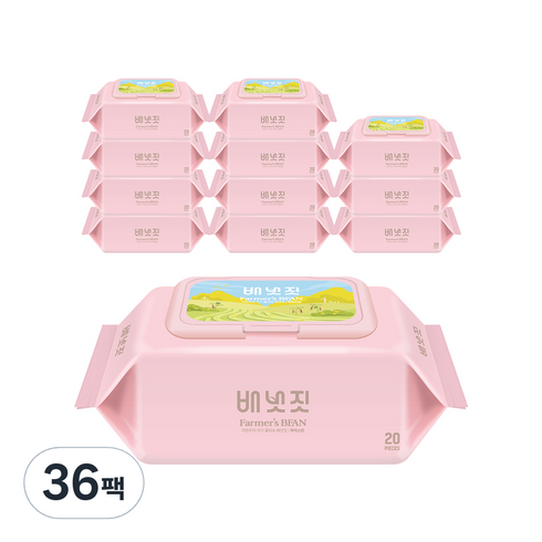 배냇짓 파머스 빈 핑크 55 유아물티슈 휴대캡형, 20매, 36팩